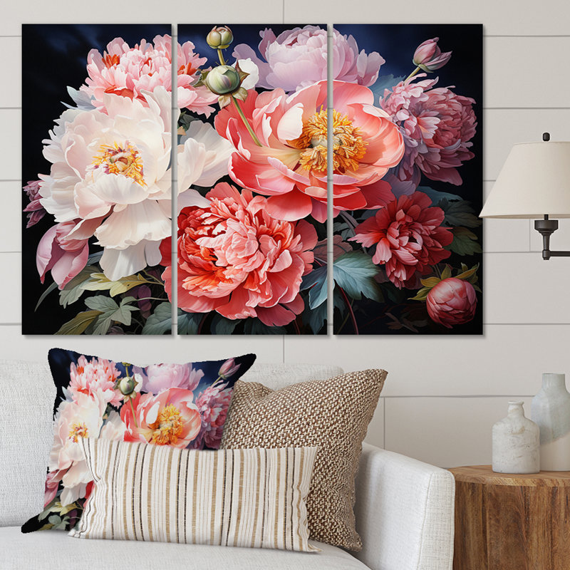 «China Art Peony Bouquet» sur toile, reproduction de 3 pièces, H 28 po x l 36 po x P 1 po