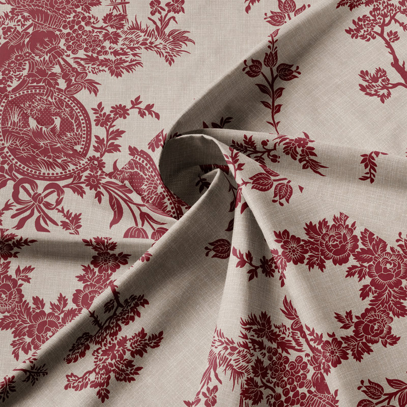 Country Lane Toile Crimson Cotton Rod Pocket Drapery Panel Set of 2, 50" W  x 96" L