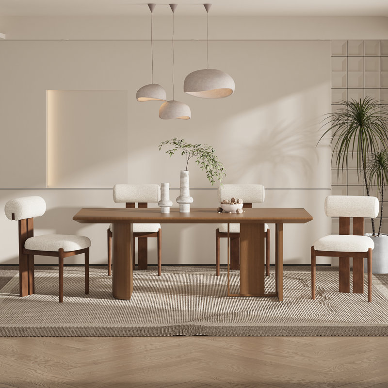 Modern Upholstered Dining Chairs with Rolled Back & Solid Wood Legs, Beige