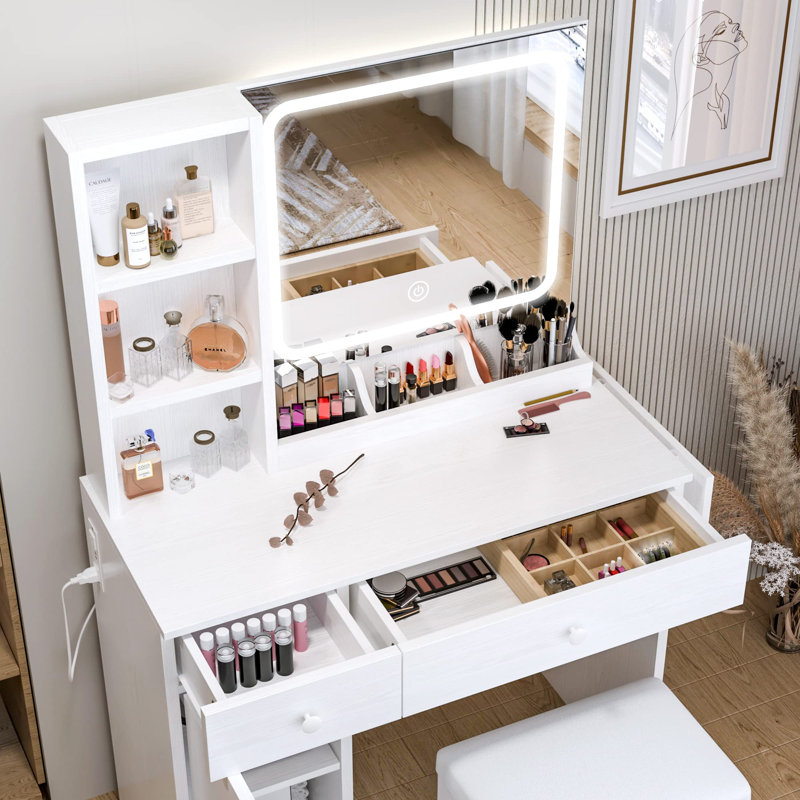 Vanity Desk Set With Led Lighted Mirror & Power Outlet, Makeup Table Top with 3 Open Bookcases, 3 Cubbies, 2 Drawers, Dresser Table for Bedroom, Checkroom