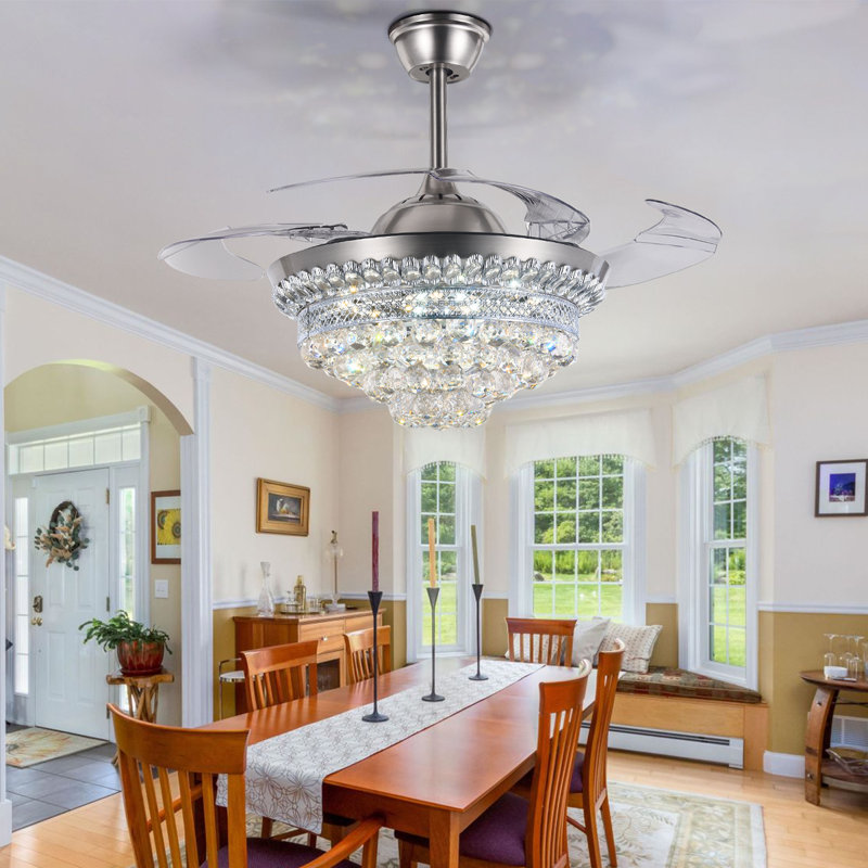 42'' Silver Crystal Retractable Ceiling Fan with 36W LED Light and Remote Control