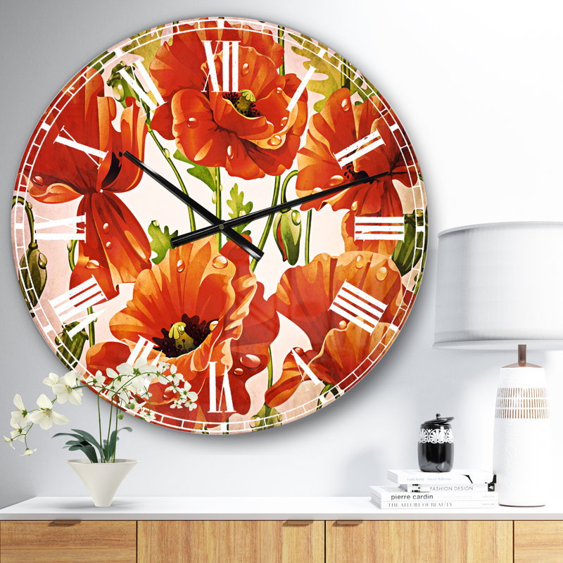 Modèle sans couture de coquelicots rouges - horloge murale traditionnelle, Surdimensionné