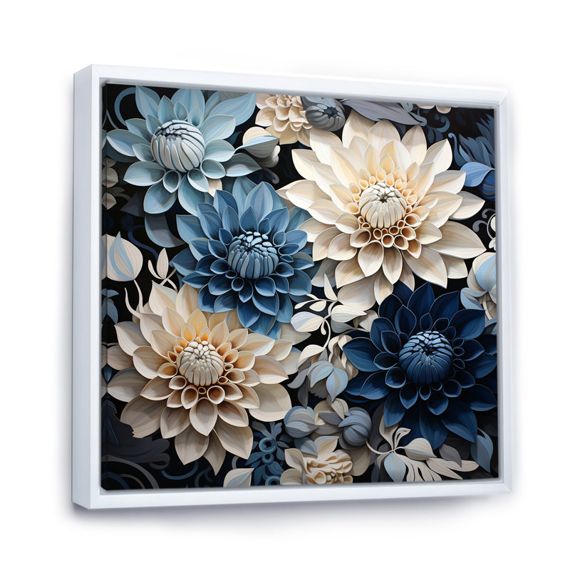 Décoration florale bleue et blanche - Dahlia, Cadre flottant blanc, 36" H x 36" W