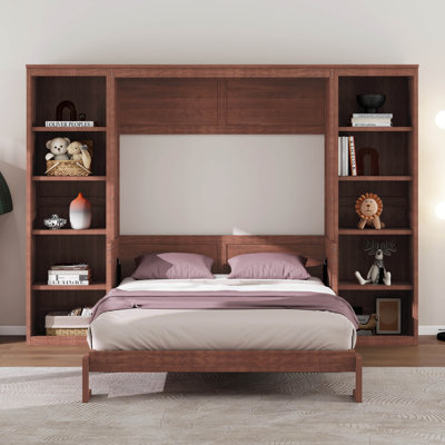 Full Size Murphy Bed With Desk & Bookshelf, Space Saving Wall Bed Cabinet, Solid Wood Frame, No Box Spring Needed