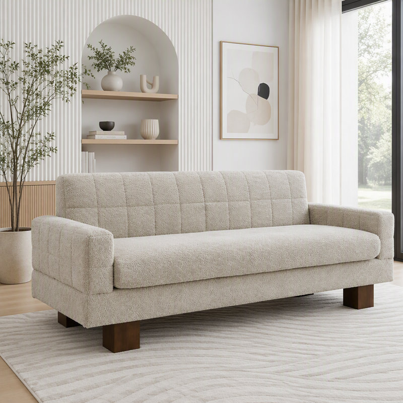 Causeuse moderne avec dossier capitonné et accoudoirs carrés, Tissu bouclé avoine