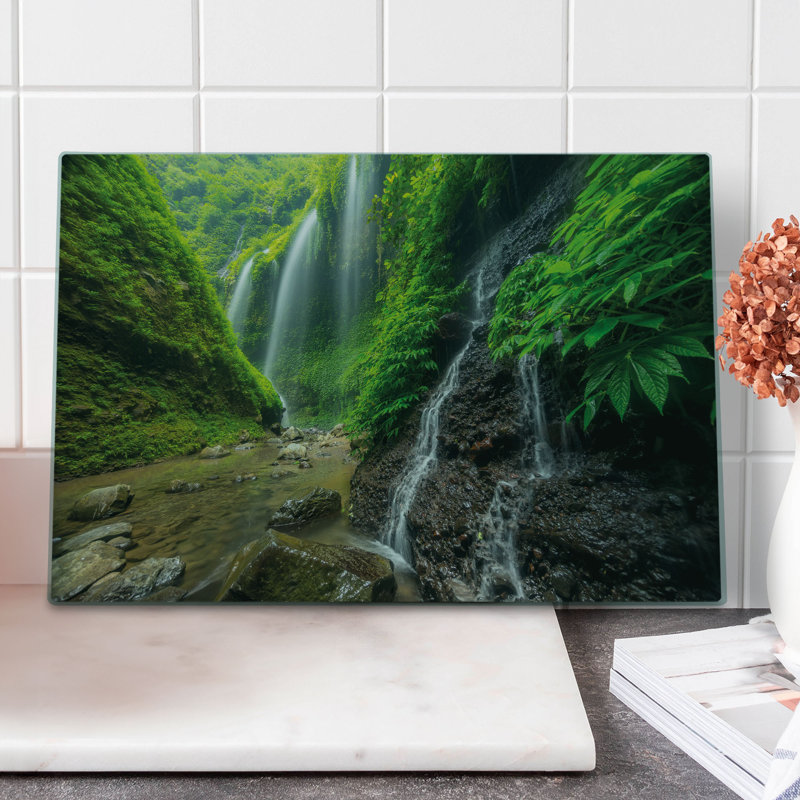 Ambesonne Scenery Cutting Board Large Size Waterfall Forest Green and Brown