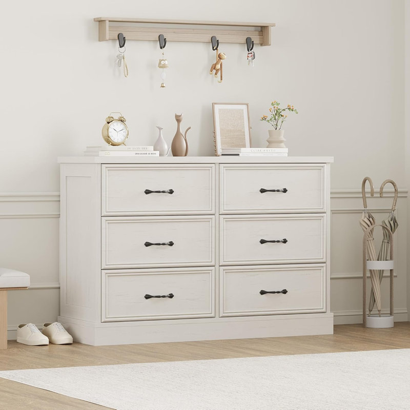 Commode horizontale à 6 tiroirs blanc antique - Commode en MDF de style américain