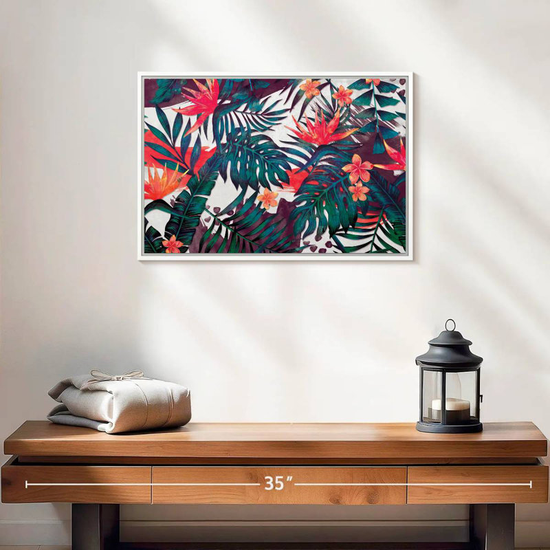 Palmiers et fleurs tropicales, 19 po x 13 po, Cadre flottant blanc
