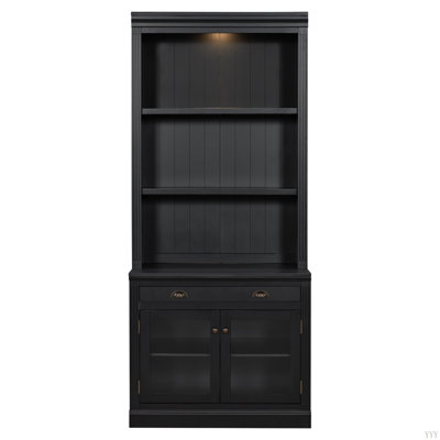 Bibliothèque de 83,4 po de hauteur avec éclairage DEL, bibliothèque moderne avec 2 portes en verre et 1 tiroir, bibliothèque de rangement avec tablettes ouvertes pour le salon, le bureau personnel