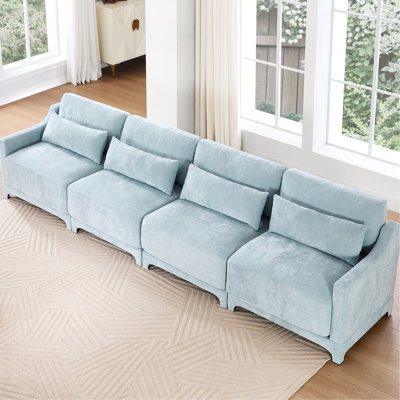 Chenille à quatre places bleu ciel, avec design ergonomique, tissu, éponge, support lombaire adapté à différents espaces, structure en bois massif, assise souple, placement flexible