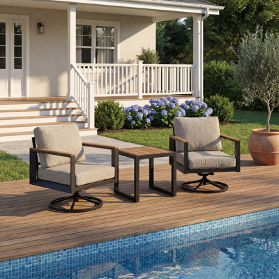 Ensemble de mobilier d'extérieur en aluminium 3 pièces, 2 chaises berçantes pivotantes avec coussins lavables épais et 1 table d'appoint, ensemble de conversation de patio résistant aux intempéries pour porche, balcon, terrasse, cour