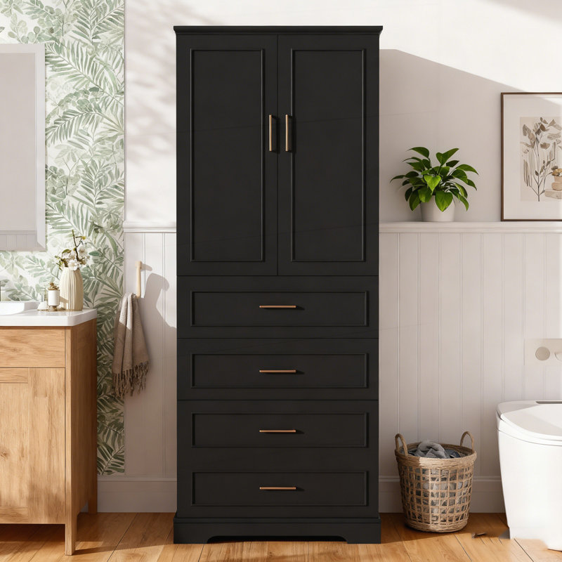Armoire de salle de bain autoportante de 72,2 po de hauteur avec 3 tiroirs, une tablette réglable, des portes à fermeture en douceur et un design moderne et élégant.