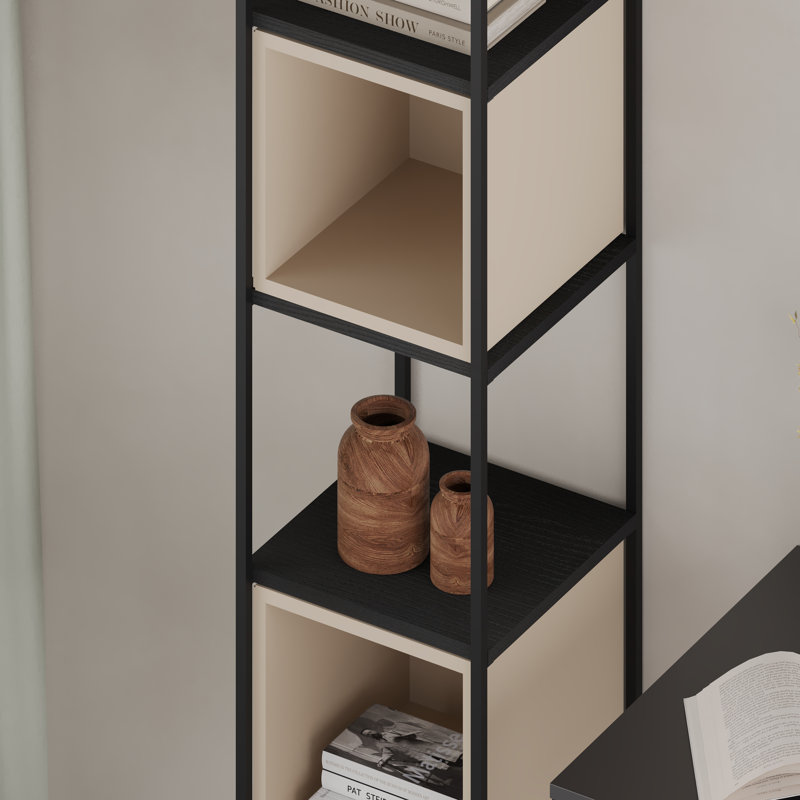 5-Shelf Slim Display Bookcase with Cross Metal Frame, Black/Sandstone