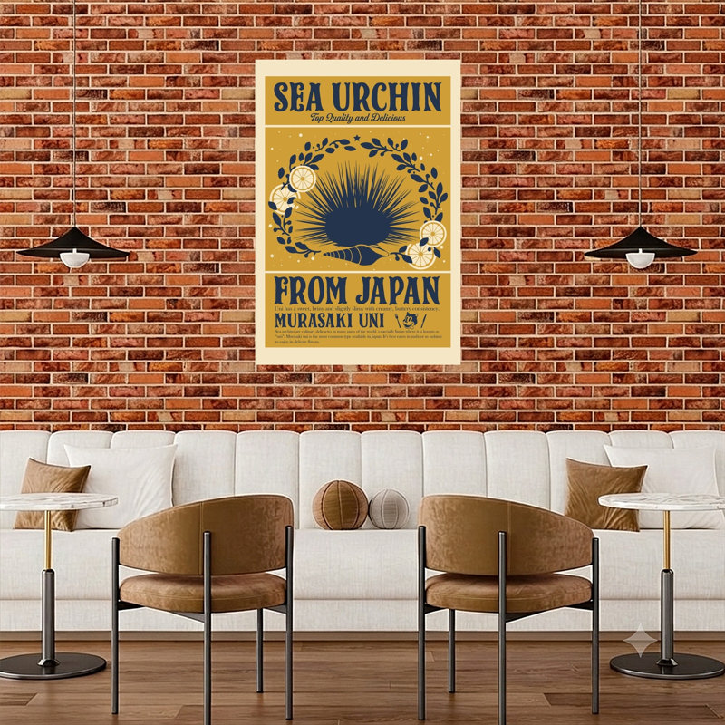 Oursin japonais, architecture contemporaine, art mural, H 48 po x l 32 po