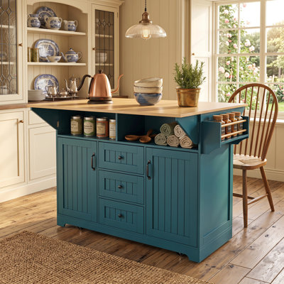 Rolling 55.7 Inch Kitchen Island With Dual Drop Leaves, Built-In Power Outlet, Spice & Towel Racks, 3 Drawers For Kitchen Dining Storage