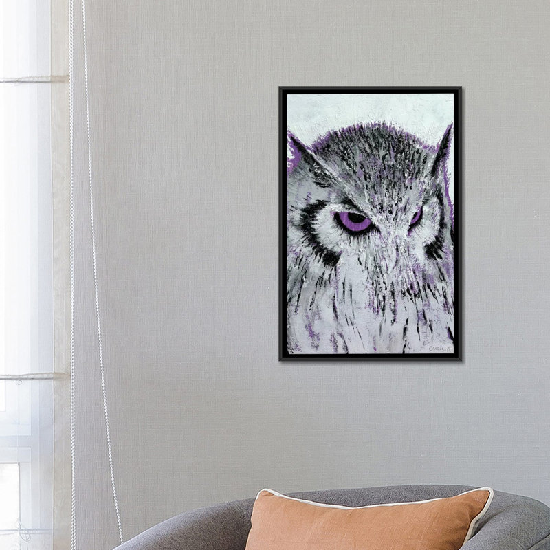 « mauve hibou », reproduction d’art sur toile, H 26 po x l 18 po x P 1,5 po, Toile avec cadre noir, Pas de tapis