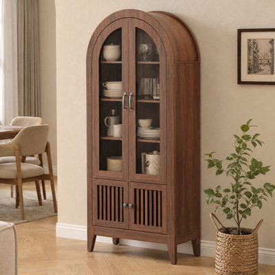 Grande bibliothèque arquée de 68,9 po avec portes en verre, vitrine en bois avec tablettes réglables, armoire de rangement autoportante pour le salon, la chambre à coucher, la cuisine et la salle à manger