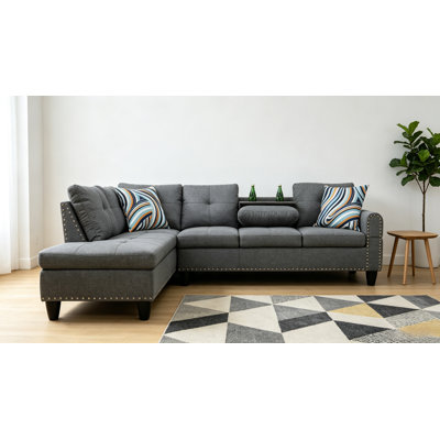 Dark Gray L-Shaped Sectional Sofa With Cup Holders & Storage Ottoman