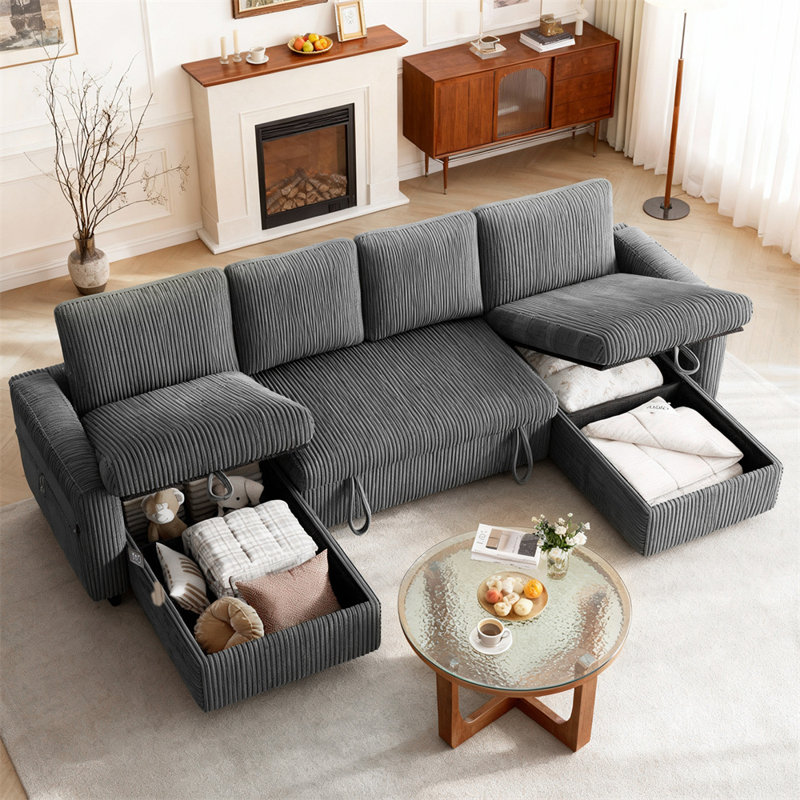 105" Pull Out Sofa Bed Sectional Sleeper Sofa With Storage,pullout Modular Sectional Couches For Living Room, U Shaped Convertible Couch Bed For Apartment