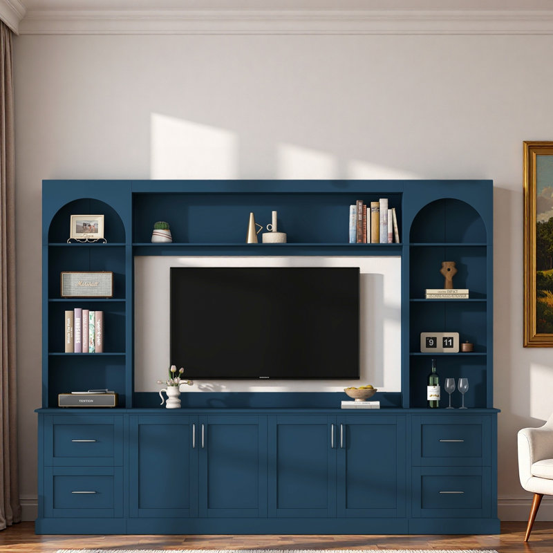Meuble audio-vidéo arqué moderne avec tiroirs, grandes armoires, tablettes réglables, présentoir et trous pour câbles, Bleu