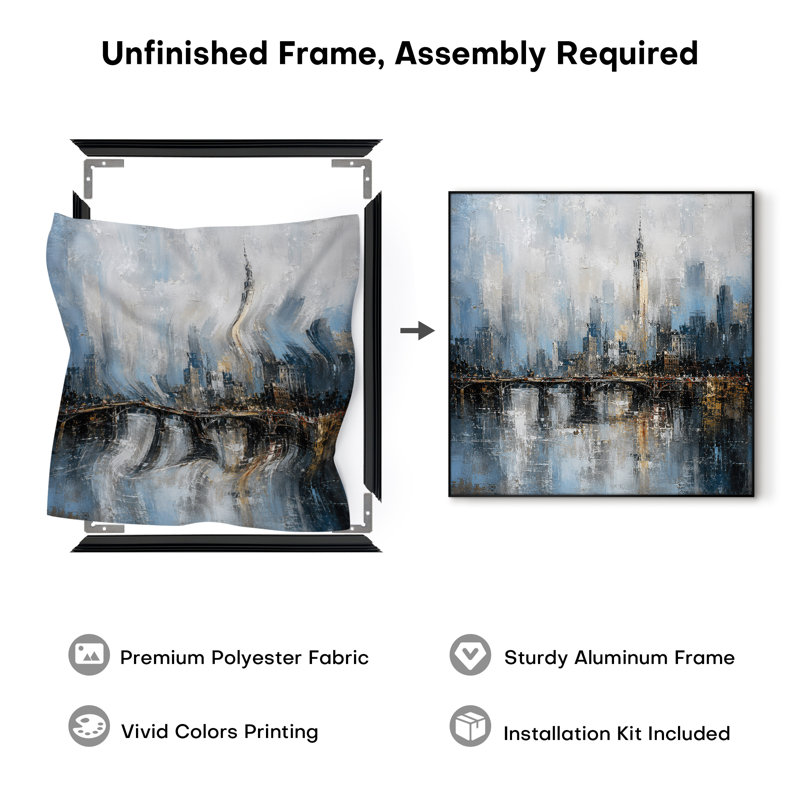 Impression sur tissu grand format - Motif bleu-gris représentant la silhouette d'une ville et un pont, idéal pour le salon ou la chambre - « Assemblage du cadre requis (cadre non fini) »