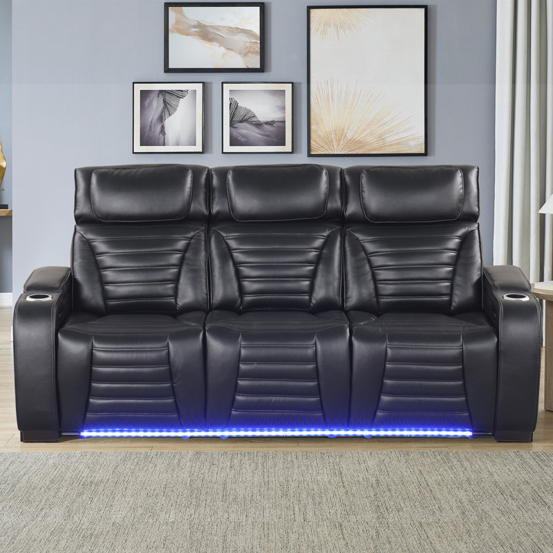 Canapé inclinable électrique en cuir 85,5 po avec table rabattable et 2 porte-gobelets, Noir