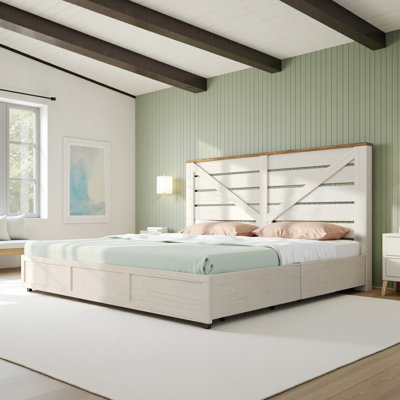 Oceant Farmhouse Full Size Bed Frame with 4 Drawers, White