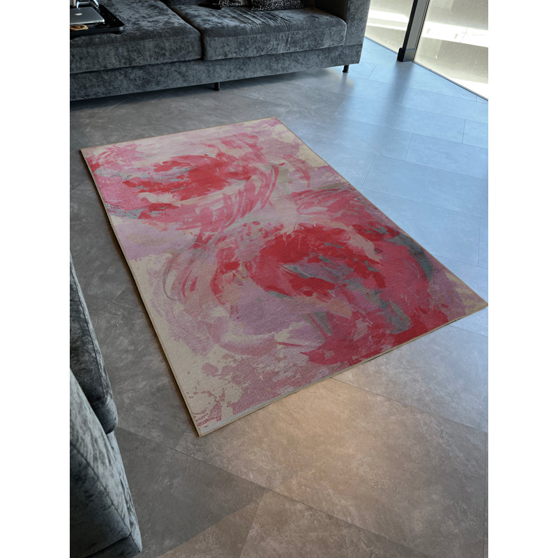 Pink-Beige Themed Abstract Patterned Modern Decorative Rug, Rectangle 4'11" x 9'10"