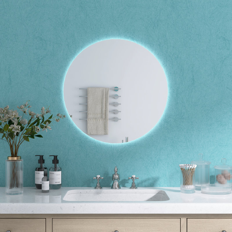 Miroir rond de salle de bain rétro-éclairé à DEL avec cadre en aluminium, à intensité variable, antibuée, 3 couleurs