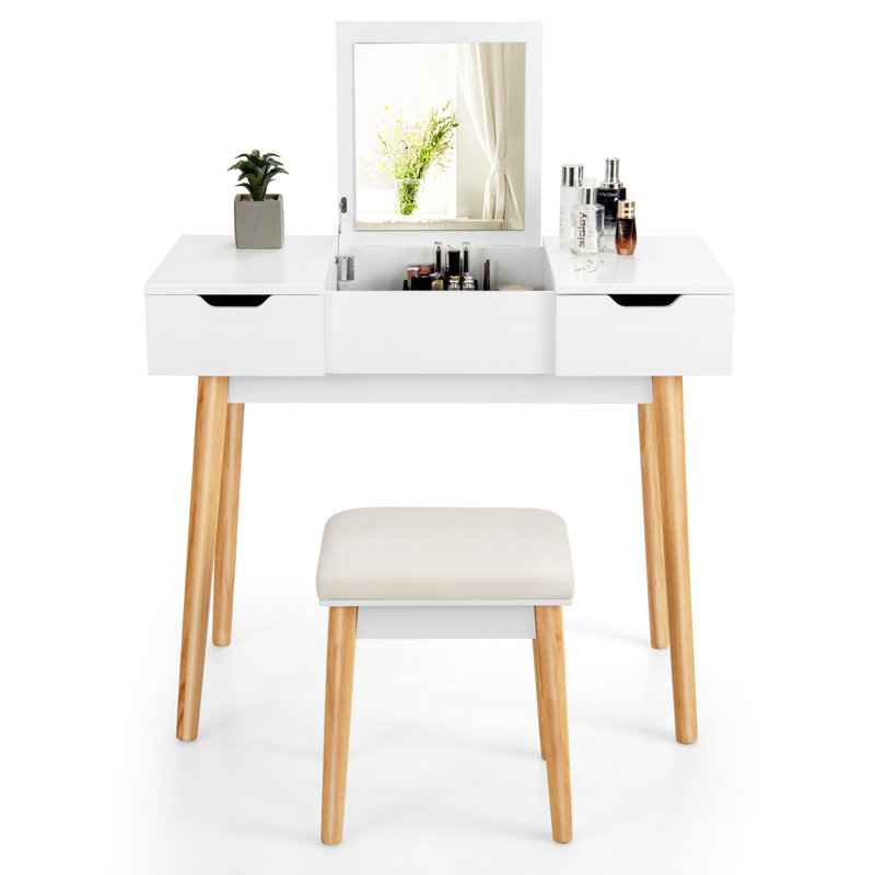 Ensemble de coiffeuse avec tabouret et miroir, Blanc