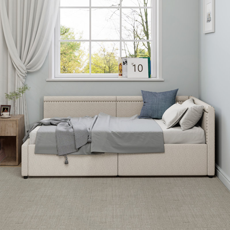 Modern Style L Shape Corner Bed, Linen Upholstered  Daybed  With Two Storage Drawers, Beige