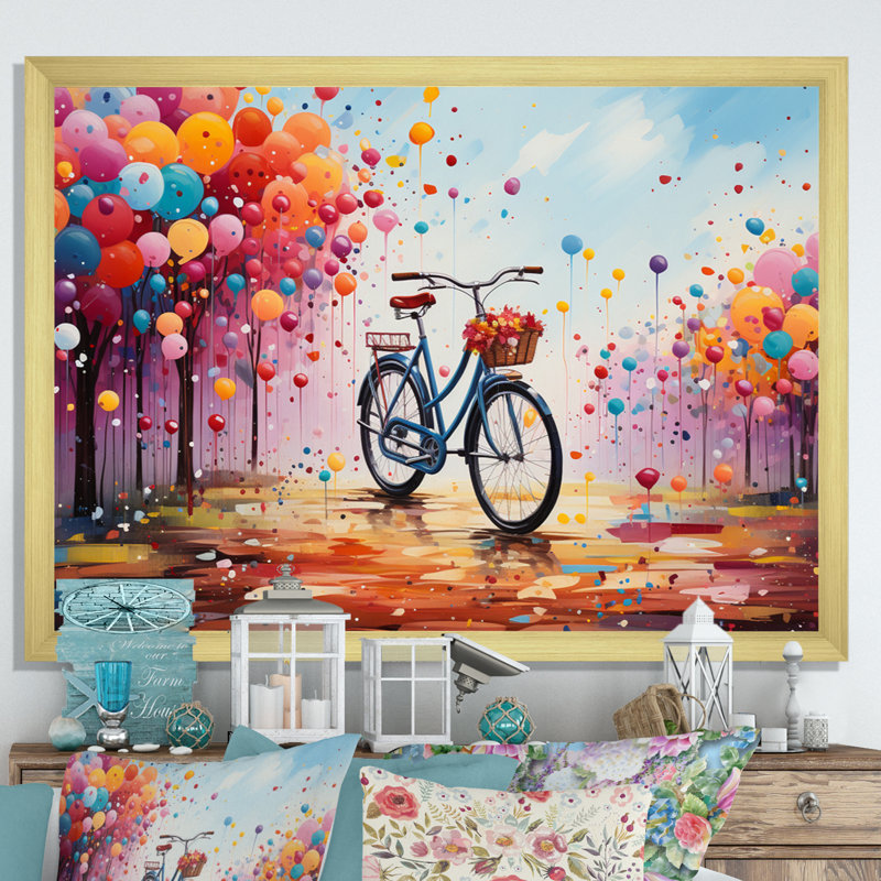 Vélo abstrait Fusion Pointillism I - Transport, impressions sur toile, H 34 po x l 44 po x P 1,5 po, Cadre flottant doré