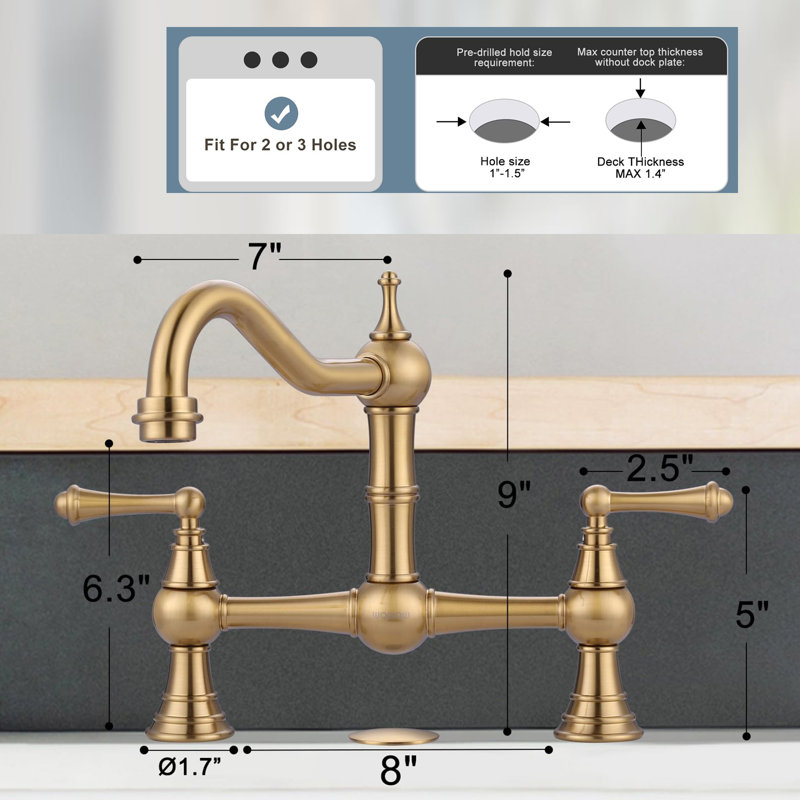 Bridge-Style Kitchen Faucet, 2 Or 3 Hole Bridge Faucet, 2 Handle Kitchen Sink Faucet 360° Rotating Faucet, Brushed Gold