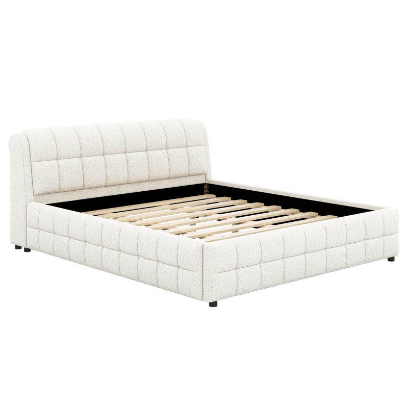 Lit plateforme tapissier avec tête et pied de lit épais, structure de lit tapissier avec motif, Très grand, Blanc