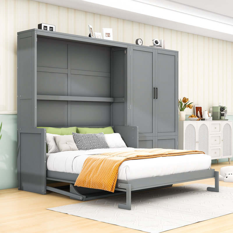 Grand lit escamotable en bois avec système hydraulique et garde-robe intégré, Gris