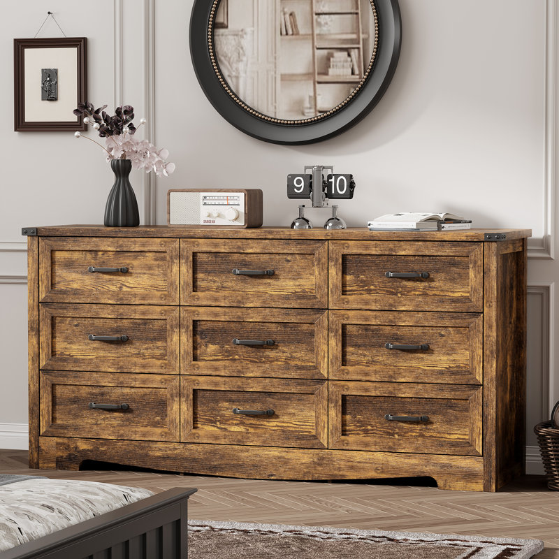 Modern rustic-style nine-drawer dresser with ample storage capacity. Features a 59-inch wide body design and anti-tip device for safety and stability. Available in four color options.