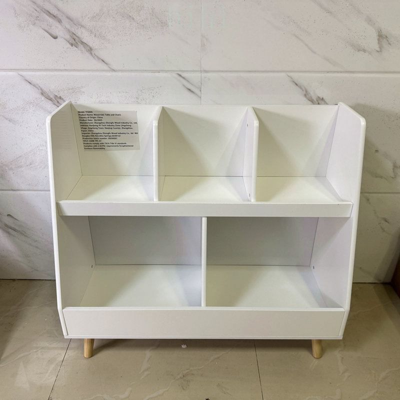 Organisateur de bibliothèque et de jouets pour enfants avec 5 casiers, présentoir de rangement en bois à 2 niveaux pour chambres à coucher et salles de jeux, autoportant, sécuritaire et durable