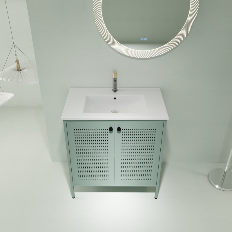 Meuble-lavabo autoportant de 30 pouces avec lavabo en céramique et tablettes réglables, Vert