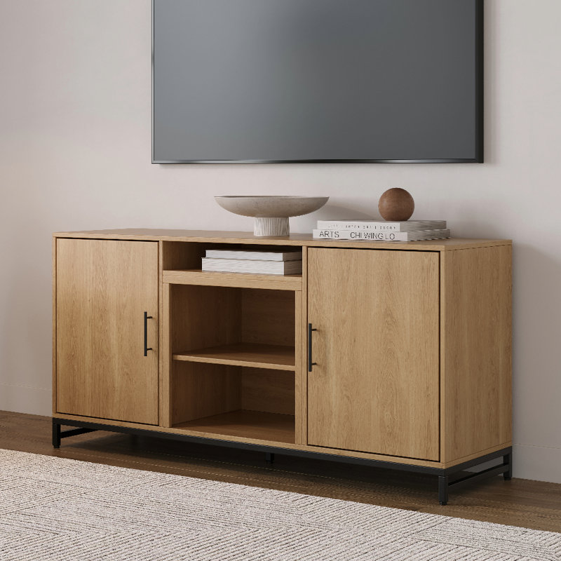 Modern Ember Rochester TV Stand in White Oak - Holds 60" TVs, 2 Cabinets, 3 Adjustable Shelves