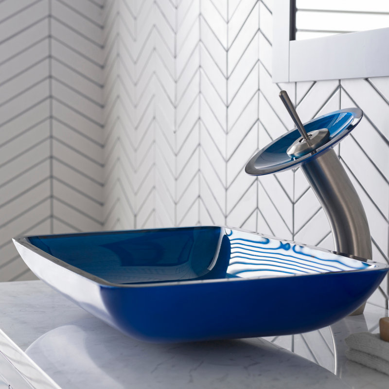 Galaxy Glass Rectangular Vessel Bathroom Sink with Faucet, Chrome, Fire Blue
