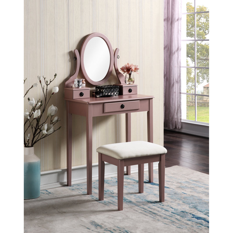 Rose Gold Vanity Table And Seat , Wood - 3 Storage Compartments, Adjustable Oval Mirror, Generous Tabletop For Beauty Items, Padded Stool Makeup With Stool, Glow Drawers Jewelry Storage, Smooth