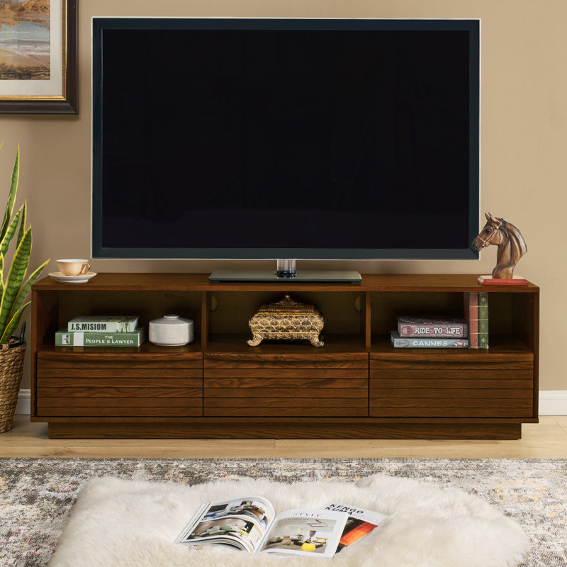 63" Mid-Century Modern TV Stand For Tvs Up To 75", Thick Sturdy Farmhouse Entertainment Cabinet, Media Console For Living Room, Louver Design & Solid Wood Drawers & Outlet Holes, Walnut