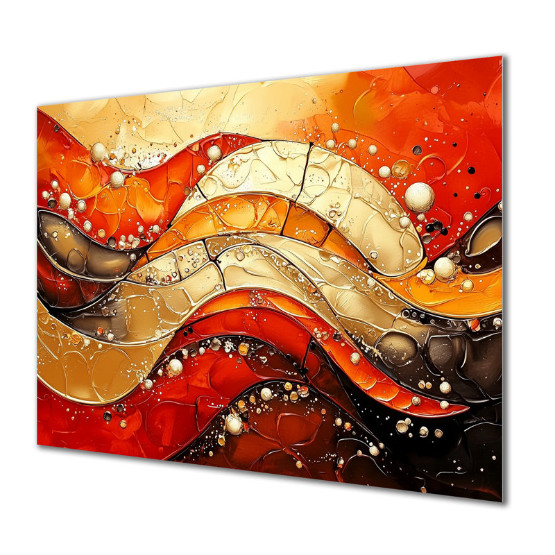 «Red and Gold Geometric Volcano Fragment II», art mural abstrait en métal, impression géométrique en métal