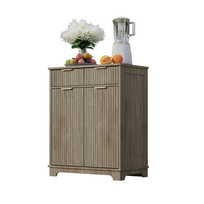 Groove Storage Side Cabinet, Double Drawers and Storage Modern Self-service Cabinet, with Adjustable Shelves, L-shaped Golden Handles, Suitable for Kitchen, Living Room, Entrance