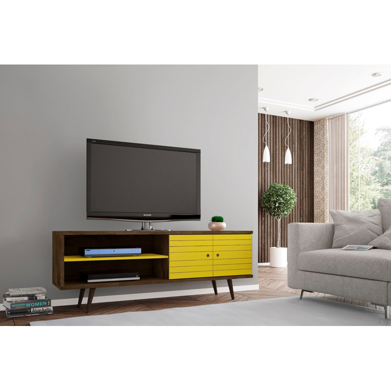 63" Minimalist Sleek TV Stand, Brown/Yellow