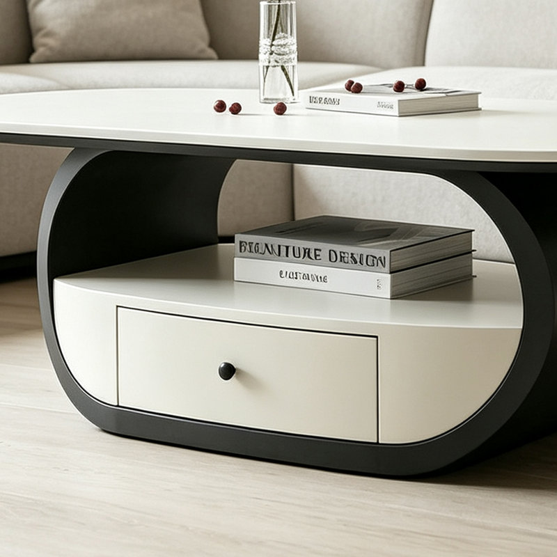 Table basse luxueuse et légère avec tiroir et tablette ouverte, H 16,53 po x l 51,18 po x P 27,55 po, Blanc/Noir