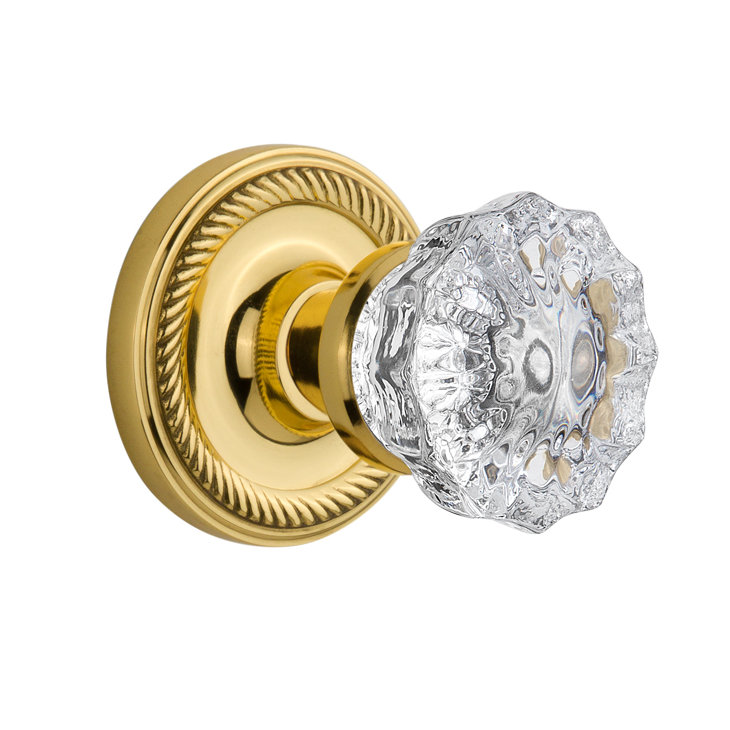Clear Crystal Interior Mortise Door Knob with Rope Rosette, Polished Brass