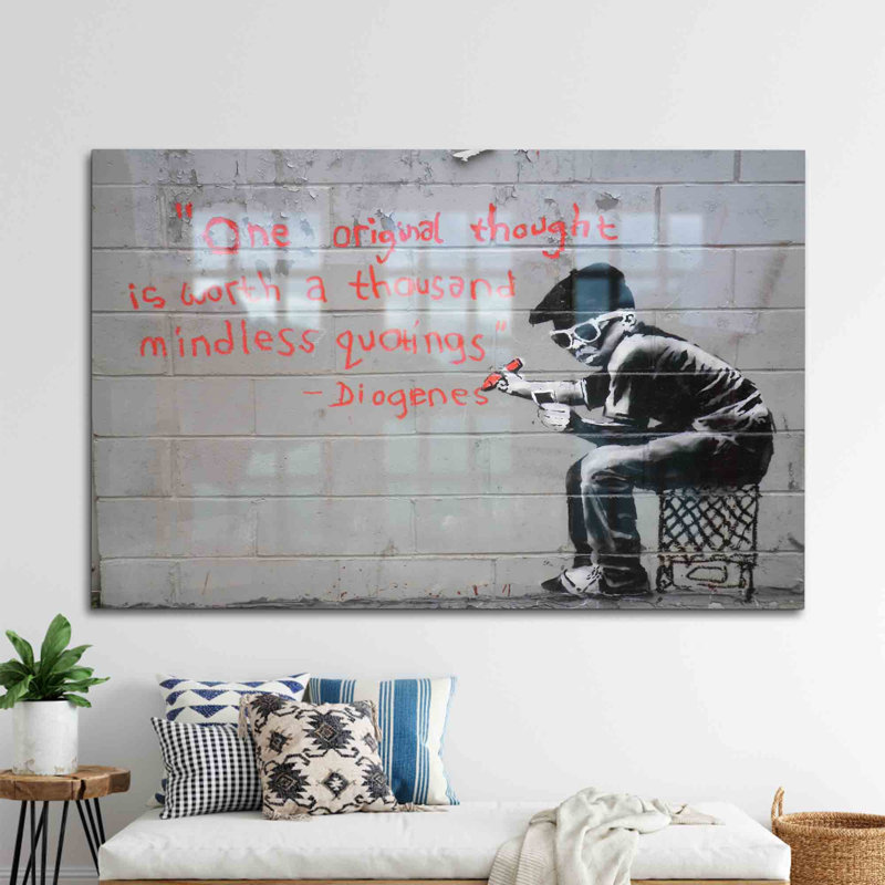 Œuvre d'art abstraite en verre mettant en vedette le concept de la pensée originale par Banksy pour Modern Street Style, décoration murale en couleurs vives | Rectangle