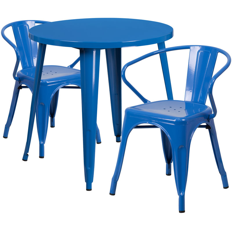 Ensemble de table ronde d'intérieur / extérieur en métal 30 po avec 2 chaises Duluth, Bleu, H 29 po x l 24 po x L 24 po