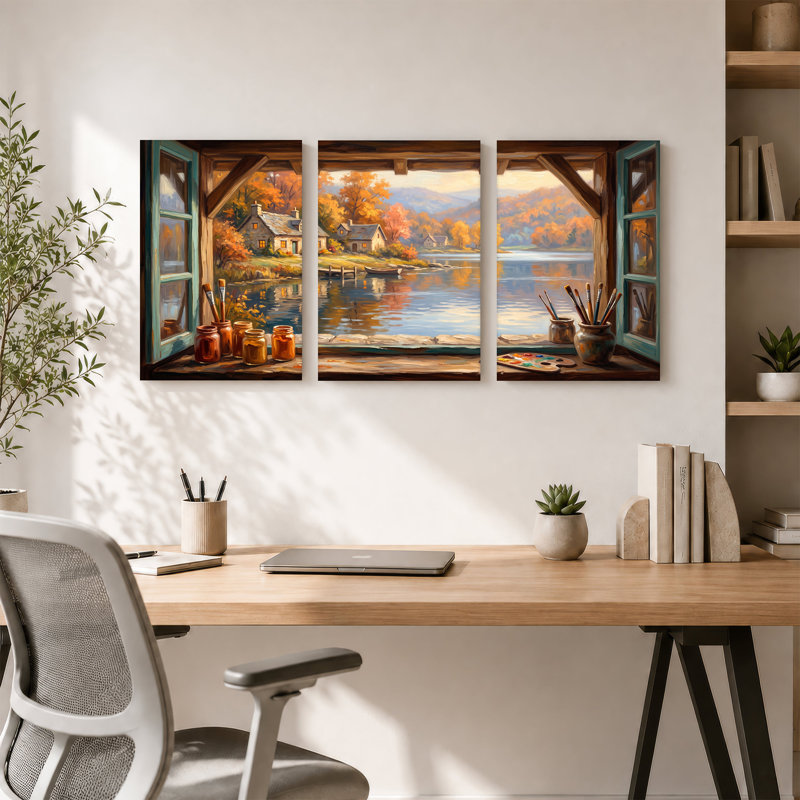 Ensemble de 3 toiles d'automne au bord du lac, H 36 po x l 24 po x 3 pièces